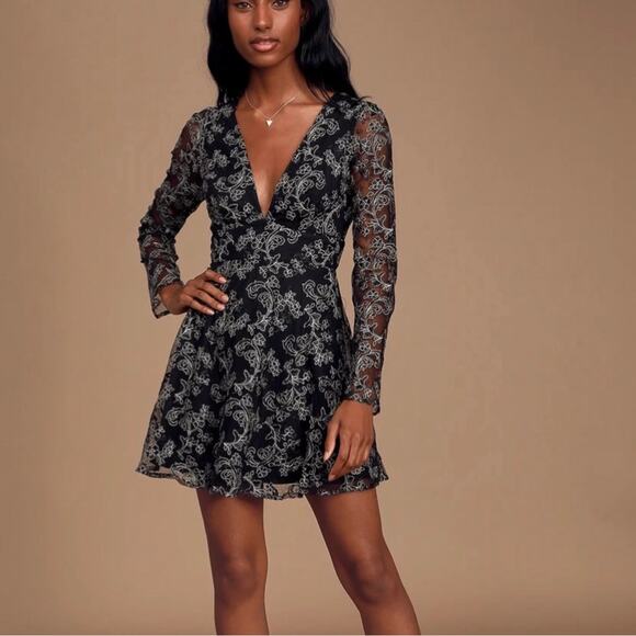 Lulus Enraptured Black Embroidered Long Sleeve Skater Dress - size Medium - Picture 1 of 7